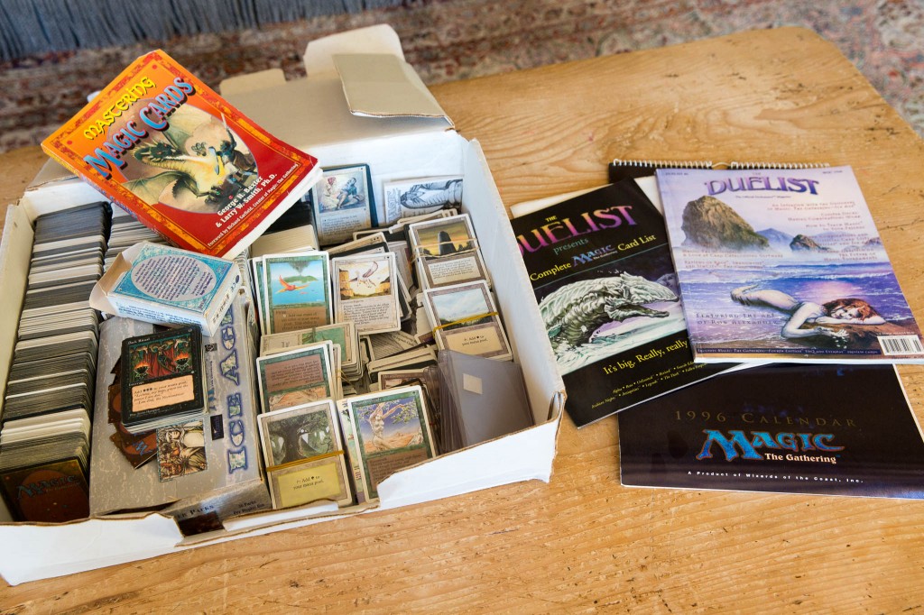 To prove my old school cred, I dug up 20 year old box of magic cards, including beta dual manas, and a 1996 calendar!